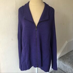 Eileen Fisher Purple 100% Merino Wool Ribbed Sleeve Zip Up Sweater EUC Size PM